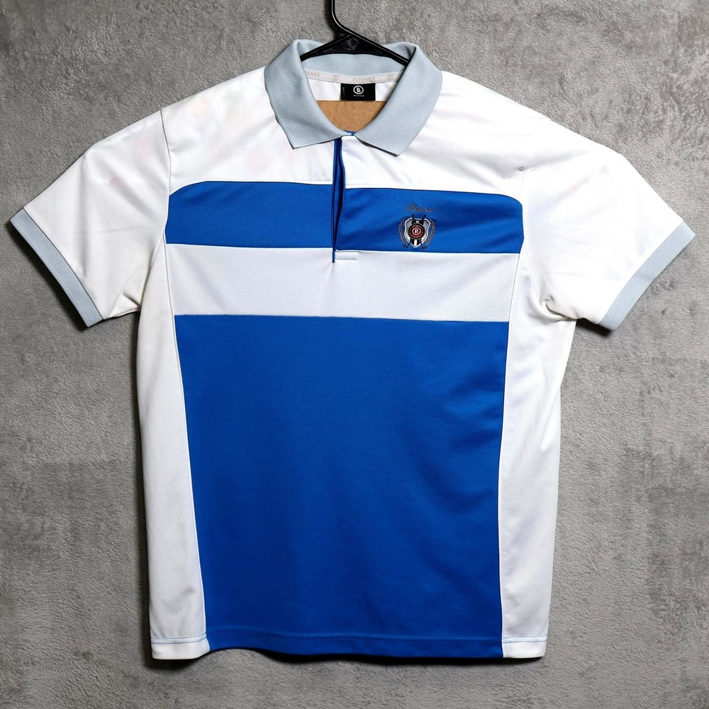 Bogner Polo Shirt Mens Medium Blue White Gray Golf Crest Logo Performance Preppy